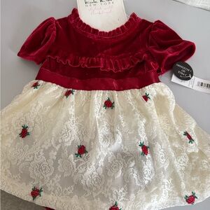Red Velvet and Lace Baby Dress 3/6m
